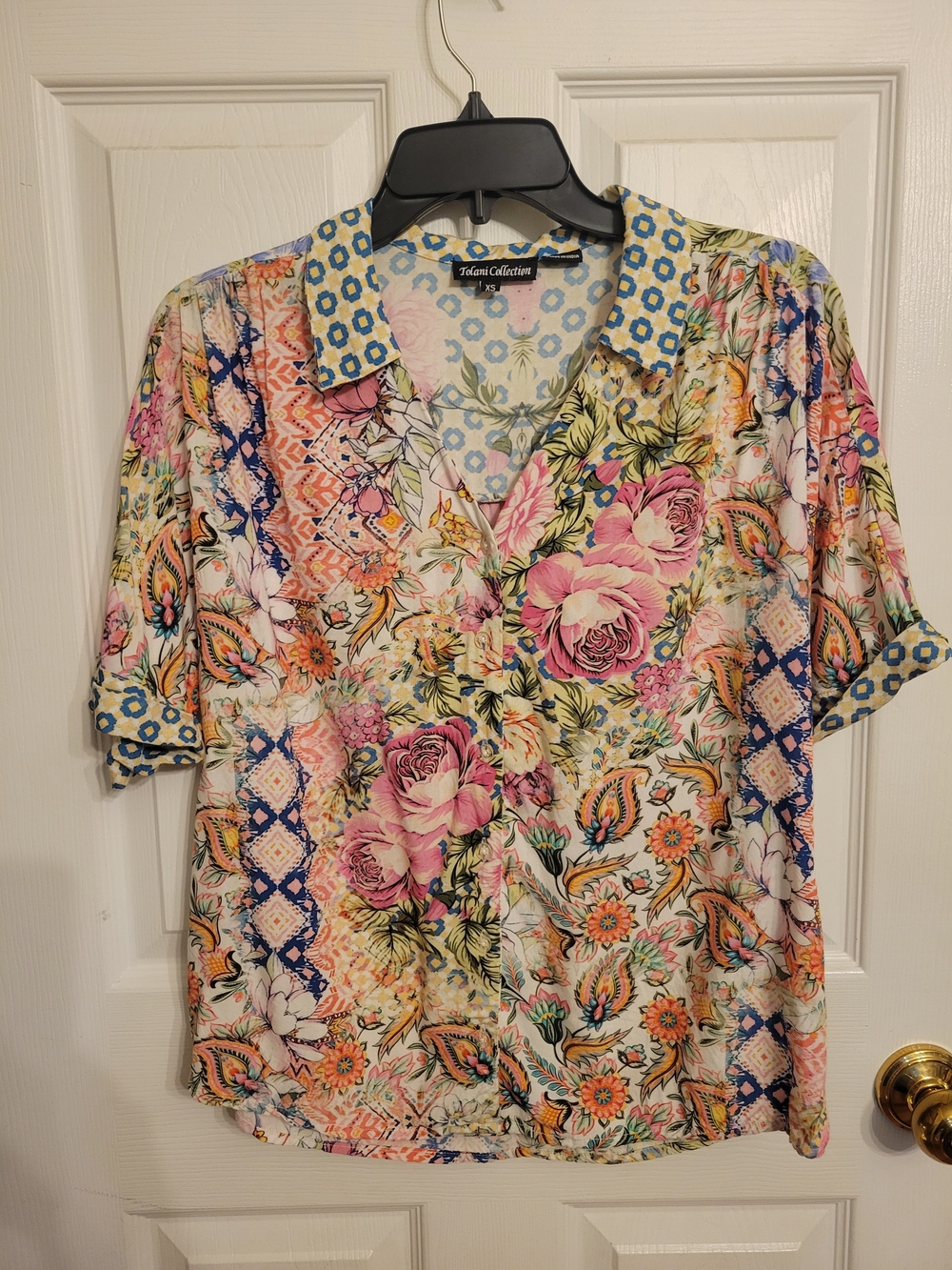 Tolani Multicolor Floral Paisley Oversized Short Sleeve Blouse